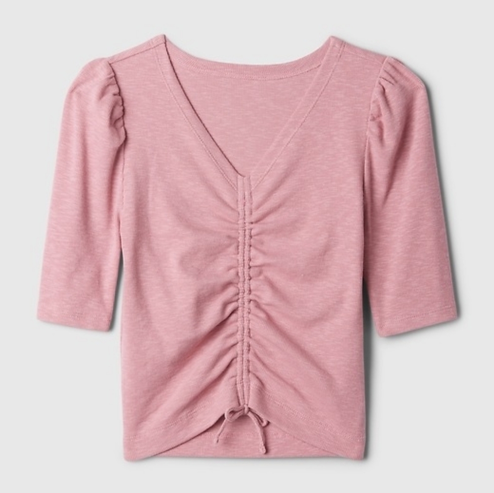 GAP Pink Ruched V-Neck Long Sleeve Top